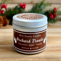 Apple cider scented soy candle in 6oz white tin.