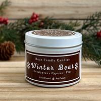 Pine and eucalyptus scented soy candle in 6oz tin.