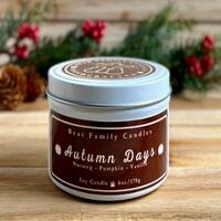 Pumpkin chai scented soy candle in 6oz tin.