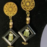 Natural hematite stone and glass beads, wire wrapped decorative head pin, and statement stainless steel ear studs loop butterfly backers.