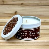 Lavender and rosemary scented soy candle in 6oz tin with lid off.