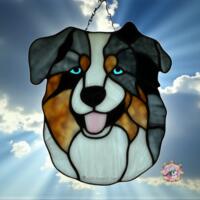 Australian Shepherd stained glass suncatcher in Blue Merle.