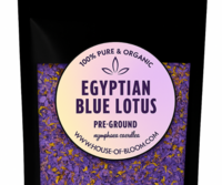 House of Bloom black stand-up pouch containing Organic Pre-Ground Blue Lotus Flowers. Premium Nymphaea Caerulea herbal tea packaging