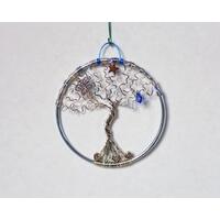 small wire tree of life sculpture, 3" inch silver tree with hematite star, fancy butterfly, and blue teardrop crystal by RainbowMaille