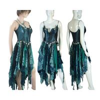 Blue corset dress with a steampunk taste to it. Metal around the low waistline and a zip up corset. Lots of blue tatters in the high low skirt. One of a kind, hand made, eco-friendly boho style dress. Blue corset dress with a steampunk taste to it. Metal around the low waistline and a zip up corset. Lots of blue tatters in the high low skirt. One of a kind, hand made, eco-friendly boho style dress.