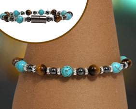Bendi's Magnetic bracelet with Tigers Eye + Turquoise and silver pewter