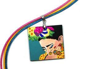 Frida Kahlo necklace pendant charm painted by hand with colorful acrylic paint flowers and turquoise background. Mexico Mexican artist portrait for girls or women by Fridamaniacs for fridalovers, fridamania, or frida fans. Gift for her.