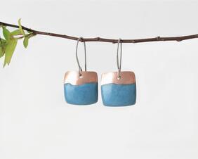 small square copper enamel dangle earrings aqua blue