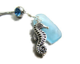 Seahorse and aqua beach glass Belly button piercing