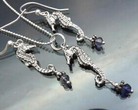 Seahorse Pendant & Earrings Set in Sterling Silver and Iolite minimalist style