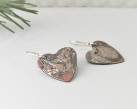copper heart dangle earrings with melted reticulated fine silver