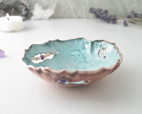 aqua copper enamel bowl with opal and amethyst beads