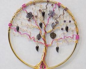 5 inch gold hoop with wire tree of life sculpture in gold and pink with dangling leaves and butterfly beads handmade by RainbowMaille