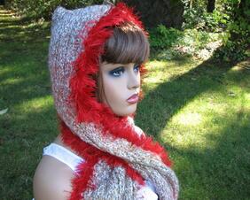 red fringe hooded wrap scarf