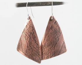 Handmade Large Copper Triangle Lace impressed lightweight Boho Earrings
