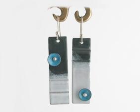Pops of Color Fold Formed Copper Enamel White and Dark Gray with Blue Button Dangle Earrings Argentium 935 Sterling Silver