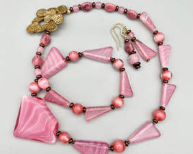 Necklace set | 1920s-30s Art Deco-inspired Czech translucent porphyry pink molded glass graduated strand, rose givre lampwork rounds
