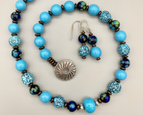 Necklace set | Vintage Japanese turquoise-blue rounds, multi-colored lampwork rounds, faux-turquoise melon beads