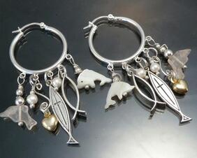 Christian Cross Chandelier sterling silver hoop earrings with gemstone fish