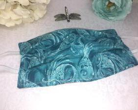 Hand Made Teal Fish Cotton Face Mask With Elastic