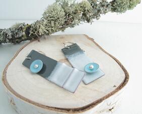 Pops of Color Fold Formed Copper Enamel Dark Gray and Blue Bar & Button Earrings Argentium 935 Sterling Silver Earwires