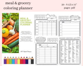 Printable Meal & Grocery Planning Coloring Planner - Daily, Weekly, Monthly Meal Plan - Shopping List - Fresh Fruit & Veggies - Master Grocery List - 8 1/2 x 11" Letter Size - Planner Inserts