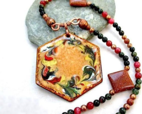 large enameled copper pendant in fall colors on multlicolor gemstone beaded necklace