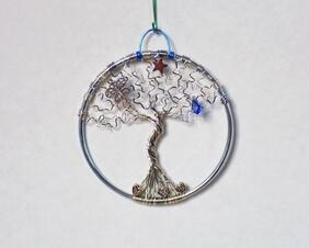 small wire tree of life sculpture, 3" inch silver tree with hematite star, fancy butterfly, and blue teardrop crystal by RainbowMaille