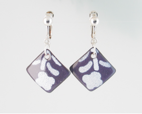 Clip-on Non-Pierced Enameled Copper Earrings with White Flower Stencil over Purple Torch-Fired Enamel, Silver Plate Ear Clips