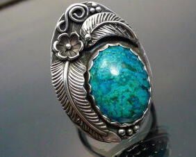 Chrysocolla Ring Sterling Silver Native American Indian style size 7 1/2 with feathers