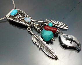 Navajo Turquoise Coral & Opal Sterling Silver Necklace with Feathers