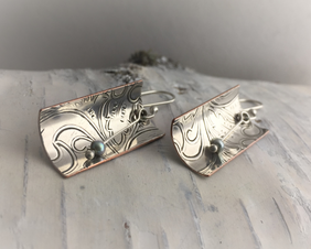 Earrings made from vintage silver plated platter with tiny freshwater pearls