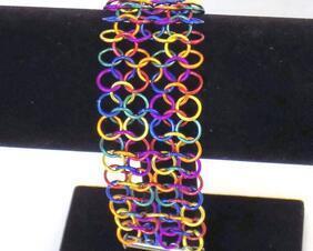 random rainbow chainmaille cuff bracelet with sliding bar clasp handmade by RainbowMaille