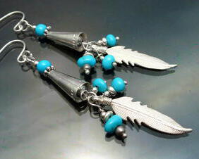 Navajo Turquoise Sterling Silver Earrings cones and feather jewelry