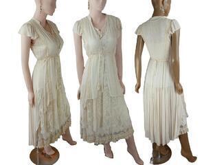 A 3 layer outfit in tan/cream. Great mother of the bride outfit. Layers of lace and fringe for a unique look. One of a kind, eco-friendly, hand made, bohemian style dress.