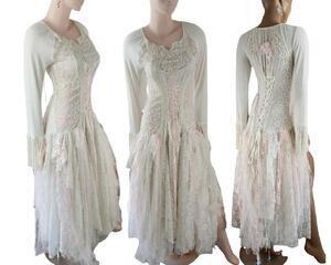 Three views of a long, pink and white tattered beach style wedding dress. One of a kind, eco-friendly, hand made, bohemian style event and wedding dresses.