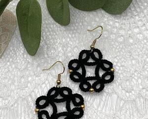 Black Lace earrings with small gold beads
