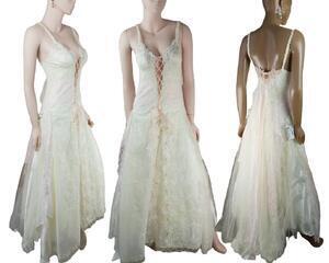 Cream and pink lace wedding dress. Lace up front and sparkly lace in the dress. Lots of lace and flowered décor, very romantic. One of a kind, handmade, eco-friendly, bohemian style clothes.