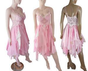 Pink white bridesmaids or wedding dress eco-friendly re-purposed tattered one of a kind unique knee length event dress size 4 - 8. It could be either a wedding dress or a bridesmaids dress.