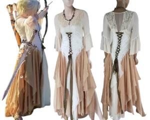 A beautiful tan cream and white tattered dress, perfect for renaissance fair events. Laces up front and back and is floor length. Featuring the dress designer and maker Marie Sophia.