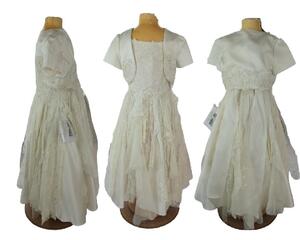 The tatters come away from around the waist and are made from multiple fabrics and the same as the wedding dress. Vintage inspired with sequins on the bodice with soft, dusky pink, antique looking ivory lace fabrics.