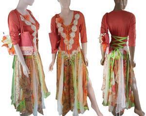Orange lime green, renaissance fair style, tattered dress, unique dress, fall autumn, hippy wedding dresses, size 5-8