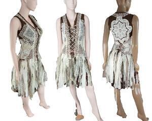 Brown and white knee length tattered dress. Features lace up front and back and is a fun dress. One of a kind, handmade, eco-friendly bohemian style dress.