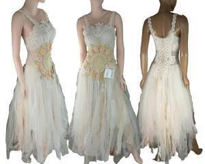 Peach and cream with touches of green woven in. Pretty crochet bodice and lace up back. A perfect wedding dress, lots of tulle and flounce. One of a kind, hand made, eco-friendly bohemian style dress.