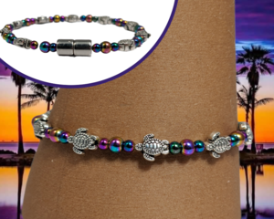 Bendi's Magnetic bracelet with rainbow hematite baby sea turtles and hematite