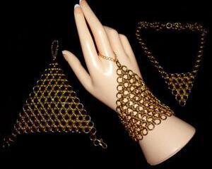 Chainmaille hand bracelets and necklace, japanese 12 in 1, bronze and gold
