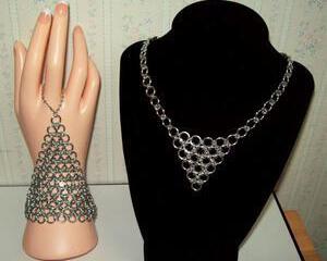 Chainmaille hand bracelets and necklace, japanese 12 in 1, silver