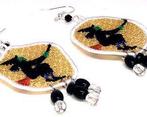 Handmade Halloween Witch on Broom Dangle Earrings
