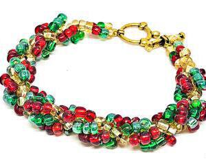 Handmade Green Red Gold Spiral Beadweaving Bracelet