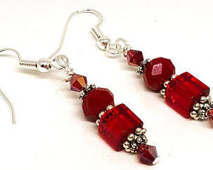 Handmade Red Cube Bicone Bead Earrings